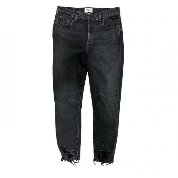 Agolde Denim - AGOLDE Black Skinny High Rise Crop Distressed Ripped Denim Jeans Size 32